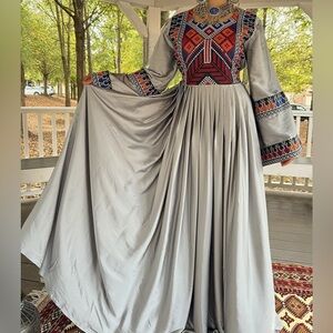 Satin Gray Embroidered Afghan Dress